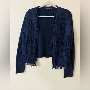 Tess Giberson Navy Knit Fringe Coat Sweater, color Indigo Blue, EUC, size S
